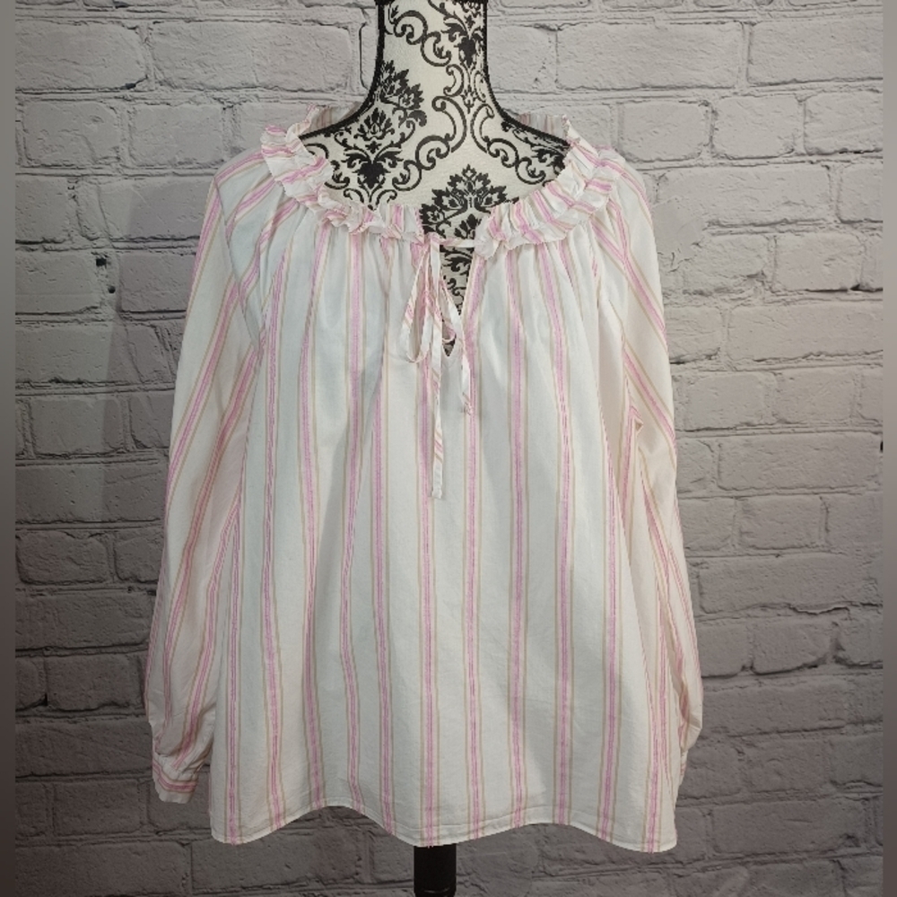 J Crew Women's Long Sleeve Strip Print Tie Front popover blouse size xxl B30
